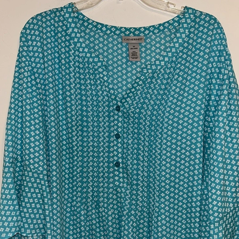 Catherines 3x 26/28W Turquoise and White Print Polyester Bell Sleeve Blouse